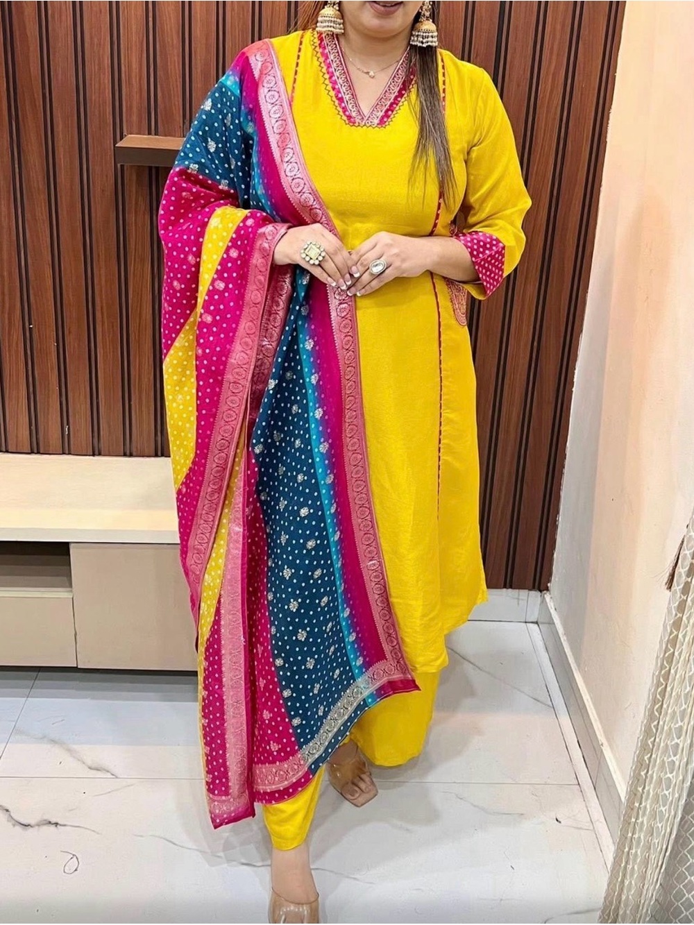 Bright Yellow Women’s Kurta Set with Multicolor Bandhani Dupatta